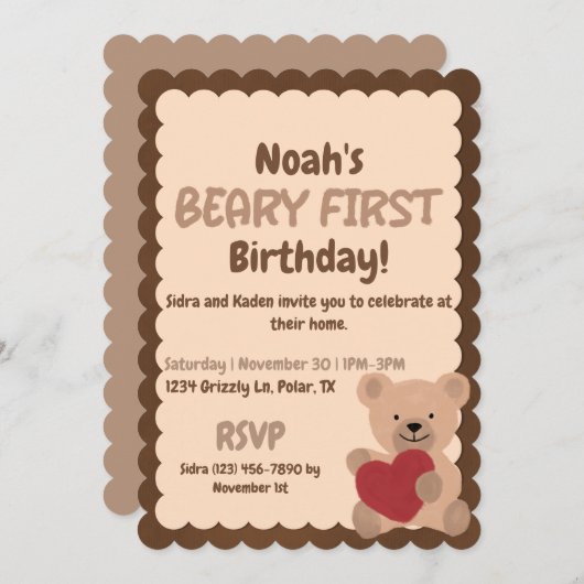 Beary eerste verjaardag uitnodiging (Voorkant / Achterkant)