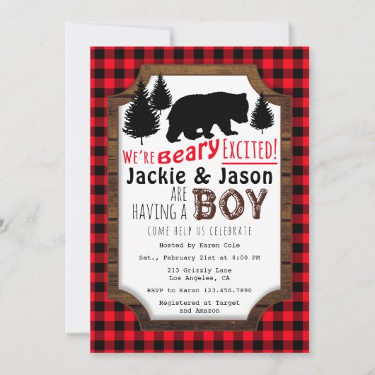 Beary Excited Woodsy Baby shower Invitation Kaart (Voorkant)