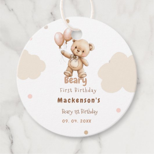 Beary First Balloon Boy 1st Birthday Teddy Bear Bedankjes Labels (Voorkant)