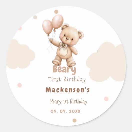 Beary First Balloon Boy 1st Birthday Teddy Bear Ronde Sticker (Voorkant)