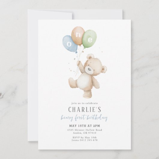 Beary First Balloon Boy 1st Birthday Teddybeer Kaart (Voorkant)
