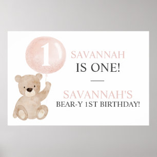 Beary First Birthday Bear Banner Backdrop Poster