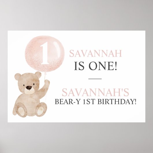 Beary First Birthday Bear Banner Backdrop Poster (Voorkant)