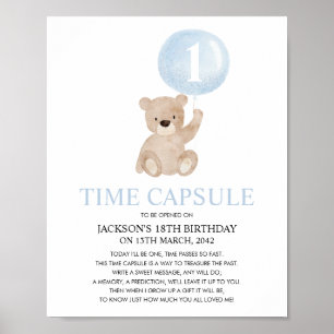Beary First Birthday Blue Beer Time Capsule Poster