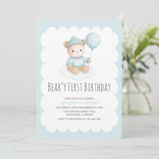 Beary First Birthday Blue Teddy Bear  Kaart (Staand voorkant)