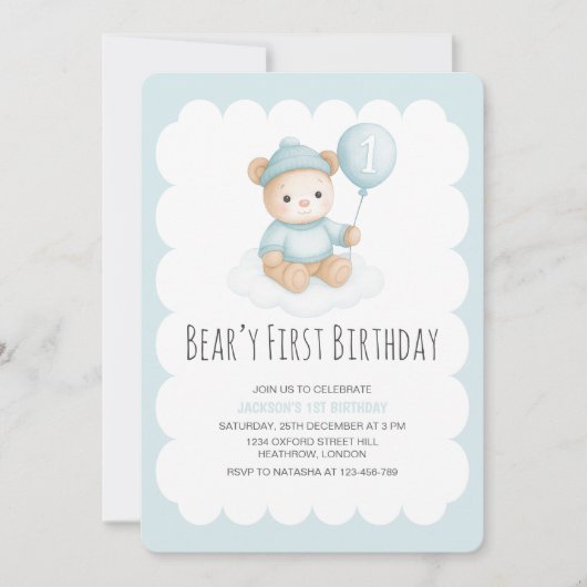 Beary First Birthday Blue Teddy Bear  Kaart (Voorkant)
