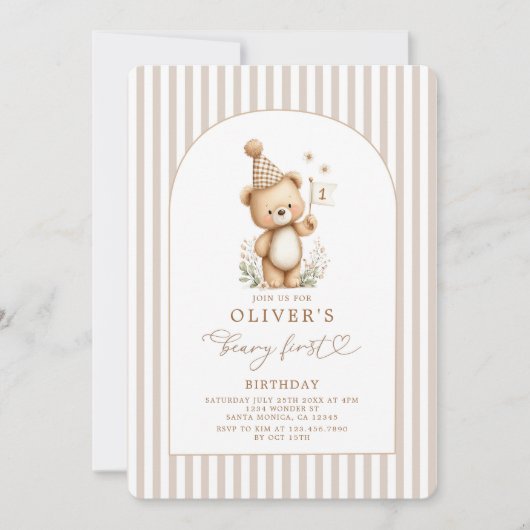 Beary First Birthday Boy Invitation Kaart (Voorkant)