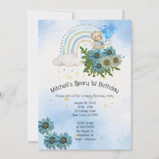 Beary First Birthday Boy Rainbow Boho Beer Kaart (Voorkant)
