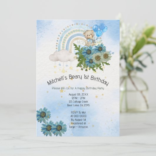 Beary First Birthday Boy Rainbow Boho Beer Kaart (Staand voorkant)