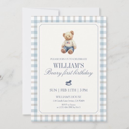 Beary First Birthday Boy Teddy Bear Gingham Kaart (Voorkant)