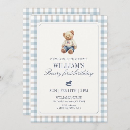 Beary First Birthday Boy Teddy Bear Gingham Kaart (Voorkant / Achterkant)