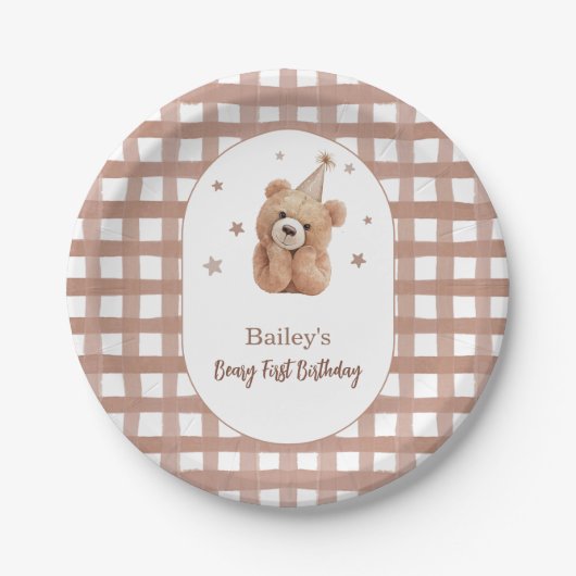 Beary First Birthday Gingham Papieren Bordje (Voorkant)