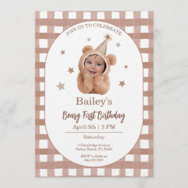 Beary First Birthday Gingham Photo Invitation Kaart