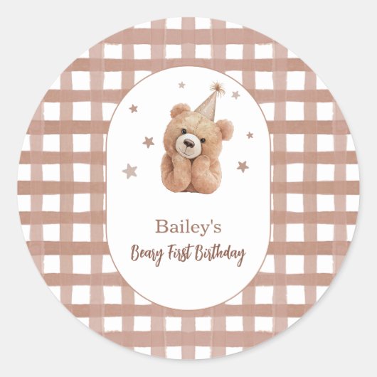 Beary First Birthday Gingham Ronde Sticker (Voorkant)