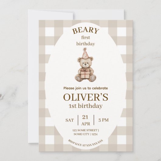 Beary First Birthday Invitation Gingham Editable Kaart (Voorkant)