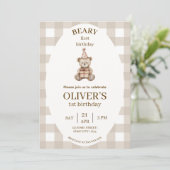Beary First Birthday Invitation Gingham Editable Kaart (Staand voorkant)
