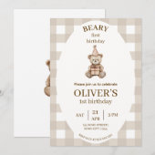 Beary First Birthday Invitation Gingham Editable Kaart (Voorkant / Achterkant)