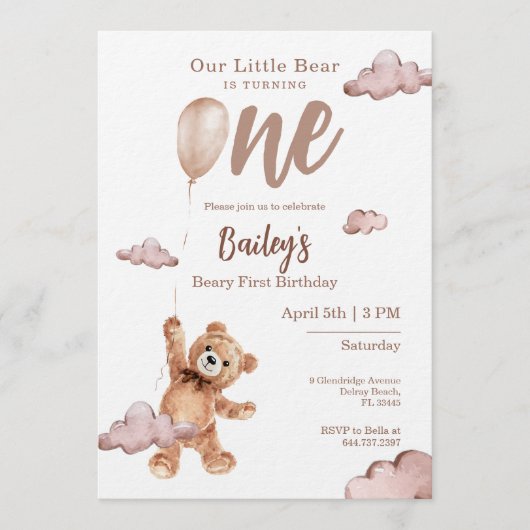 Beary First Birthday Invitation Kaart (Voorkant)