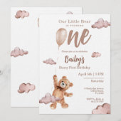 Beary First Birthday Invitation Kaart (Voorkant / Achterkant)