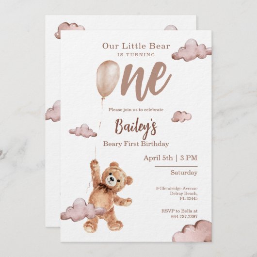 Beary First Birthday Invitation Kaart (Voorkant / Achterkant)