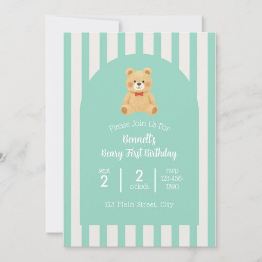 Beary First Birthday Invitation | Teal Kaart (Voorkant)