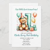 Beary First Birthday Invite, Cute Bear 1st invite Kaart (Voorkant / Achterkant)