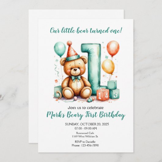 Beary First Birthday Invite, Cute Bear 1st invite Kaart (Voorkant / Achterkant)