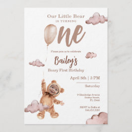 Beary First Birthday Photo Invitation Kaart