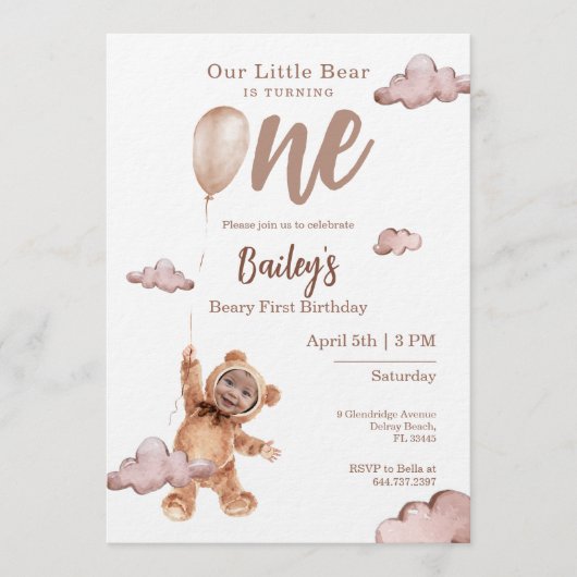 Beary First Birthday Photo Invitation Kaart (Voorkant)
