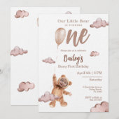 Beary First Birthday Photo Invitation Kaart (Voorkant / Achterkant)