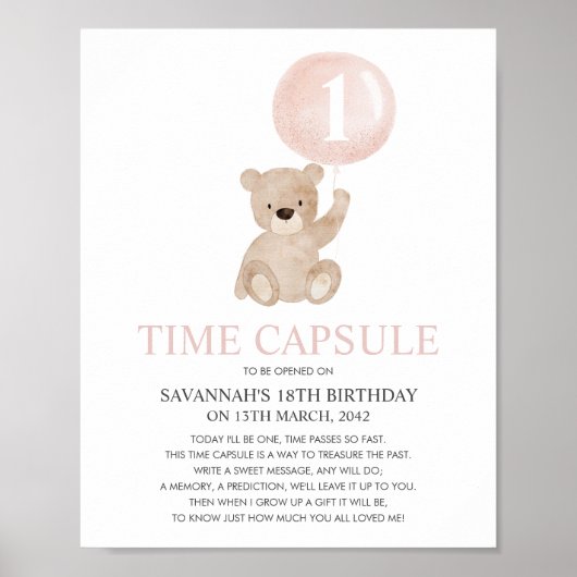 Beary First Birthday Pink Beer Time Capsule Poster (Voorkant)