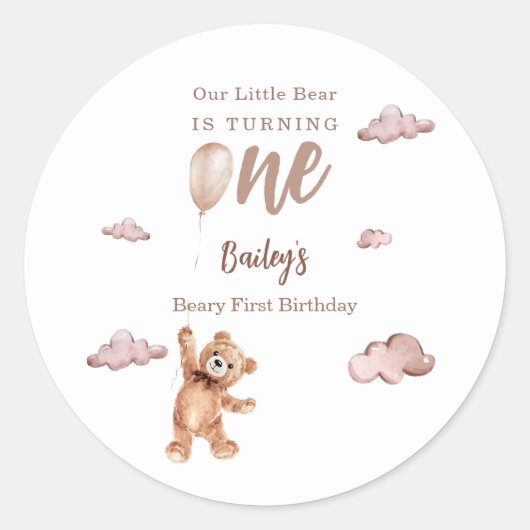 Beary First Birthday Ronde Sticker (Voorkant)