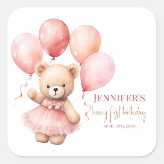 Beary First Birthday Square Favor Labels Princes (Voorkant)