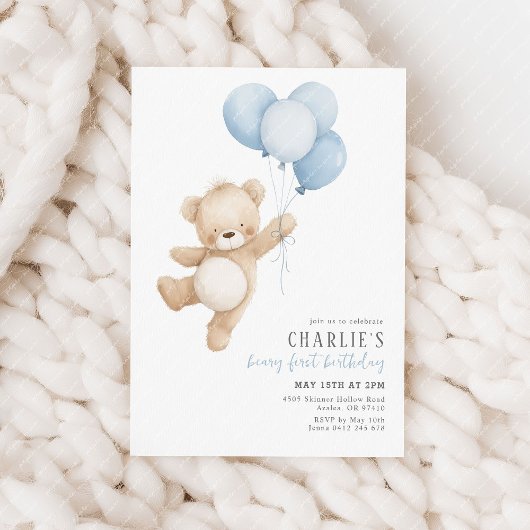 Beary First Blue Balloon Boy 1st Birthday Teddy Kaart