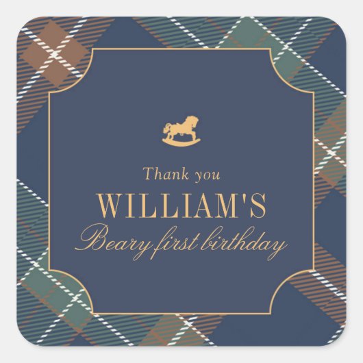 Beary First Navy Plaid Square  Vierkante Sticker (Voorkant)
