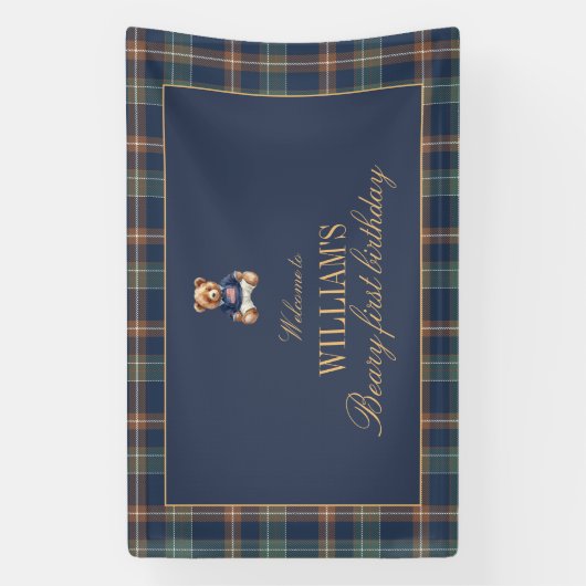 Beary First Navy Plaid Teddy Bear Birthday Banner (Verticaal)