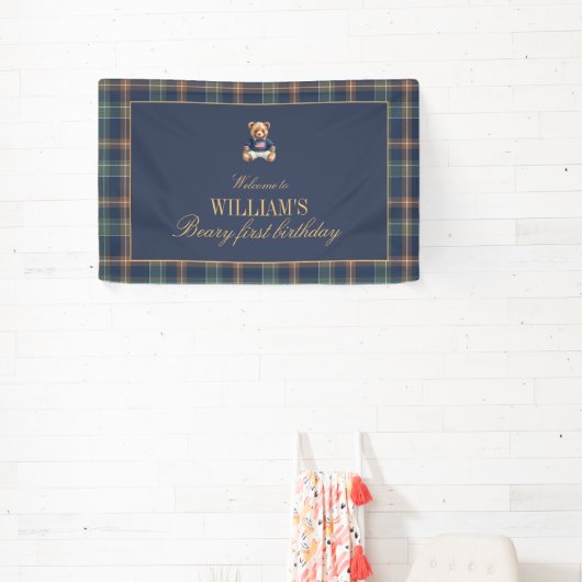 Beary First Navy Plaid Teddy Bear Birthday Banner  (Insitu)