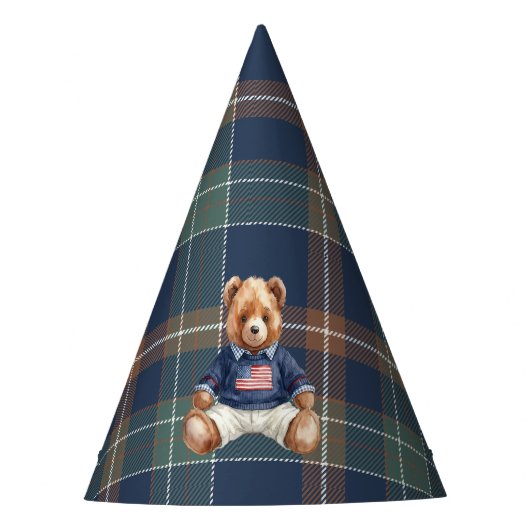 Beary First Navy Plaid Teddy Bear Birthday Party H Feesthoedjes (Voorkant)