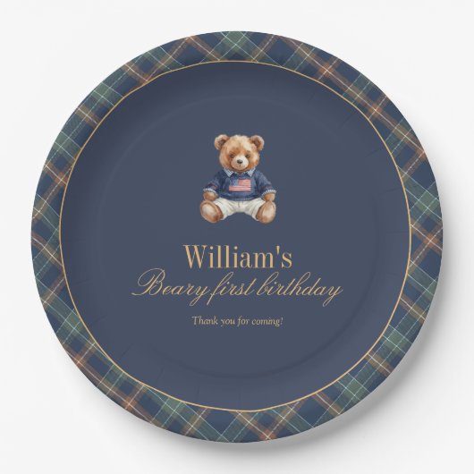 Beary First Navy Plaid Teddy Bear Boy Birthday  Papieren Bordje (Voorkant)