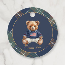 Beary First Navy Plaid Teddybeer Ronde Favor Tag Bedankjes Labels