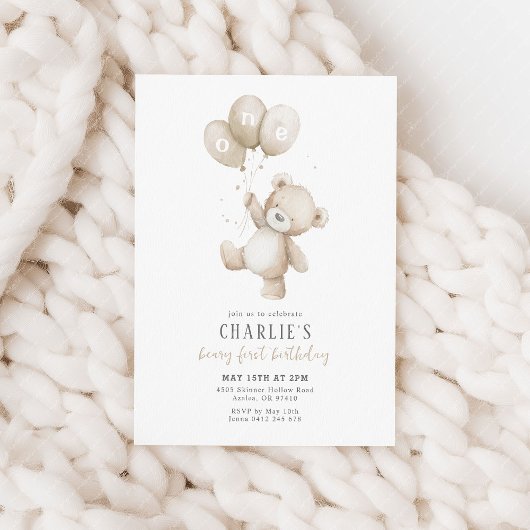 Beary First Neutral Balloon Boy 1st Birthday Teddy Kaart