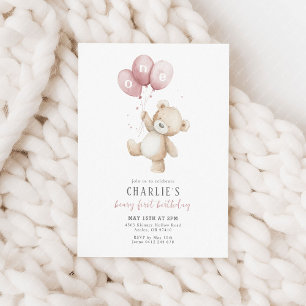 Beary First Pink Balloon Boy 1st Birthday Teddy Kaart