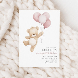 Beary First Pink Balloon Girls 1st Birthday Teddy Kaart