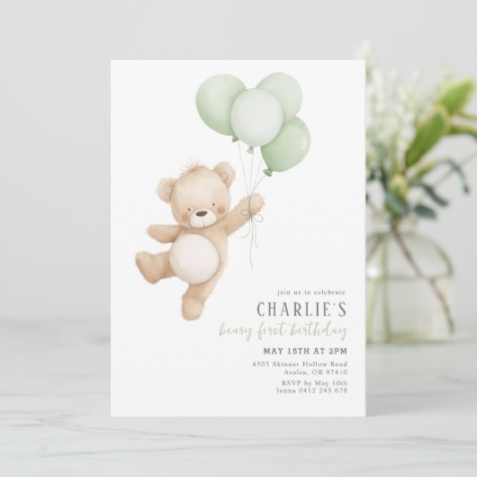 Beary First Sage Ballon Jongen 1e Verjaardag Teddy Kaart (Staand voorkant)