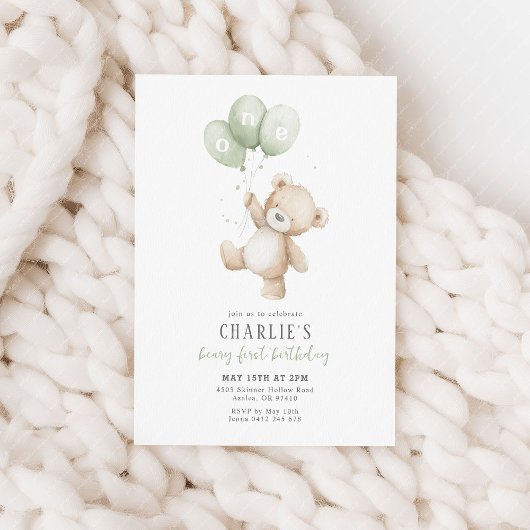 Beary First Sage Green Balloon Boy 1st Birthday Kaart