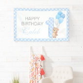 Beary First Teddy Bear Blauw Gingham Verjaardagsfe Spandoek (Insitu)