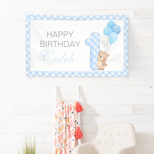 Beary First Teddy Bear Blauw Gingham Verjaardagsfe Spandoek (Insitu)