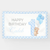 Beary First Teddy Bear Blauw Gingham Verjaardagsfe Spandoek (Horizontaal)
