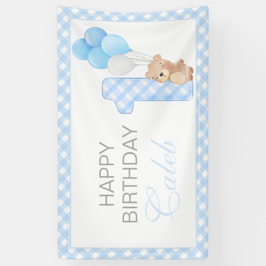 Beary First Teddy Bear Blauw Gingham Verjaardagsfe Spandoek (Verticaal)