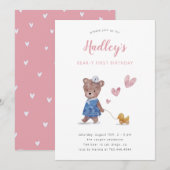 Beary First Teddy Bear Girl Birthday Party Invitat Kaart (Voorkant / Achterkant)